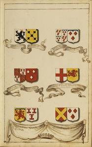 135408 Afbeelding van de wapenschilden van zes Utrechtse ridderhofsteden en hun bezitters: linksboven Lokhorst / ...